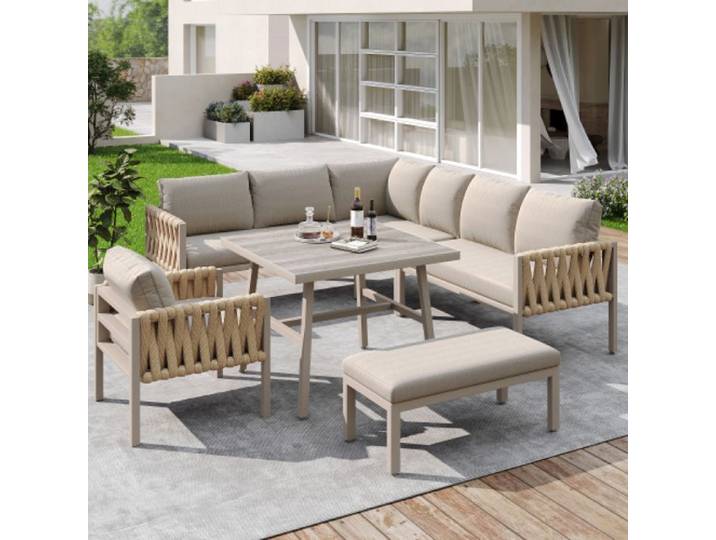 Canapé jardin convertible Ensemble mobilier de jardin en corde avec cadre en fer galvanisé pieds réglables canapé d'angle