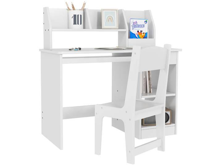 ZONEKIZ Bureau enfant avec chaise ergonomique, table enfant et chaise avec 2 tiroirs, étagères ouvertes et niches, table pour l'
