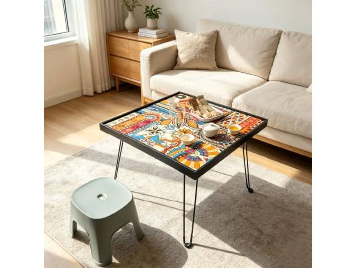 Quadratischer Couchtisch mit Kunstbemalung, tragbarer faltbarer Dekortisch Couchtisch funktional&dekorativ,sofort einsatzbereit,platzsparend klappbar mit stabiler Rahmenkonstruktion(Black)