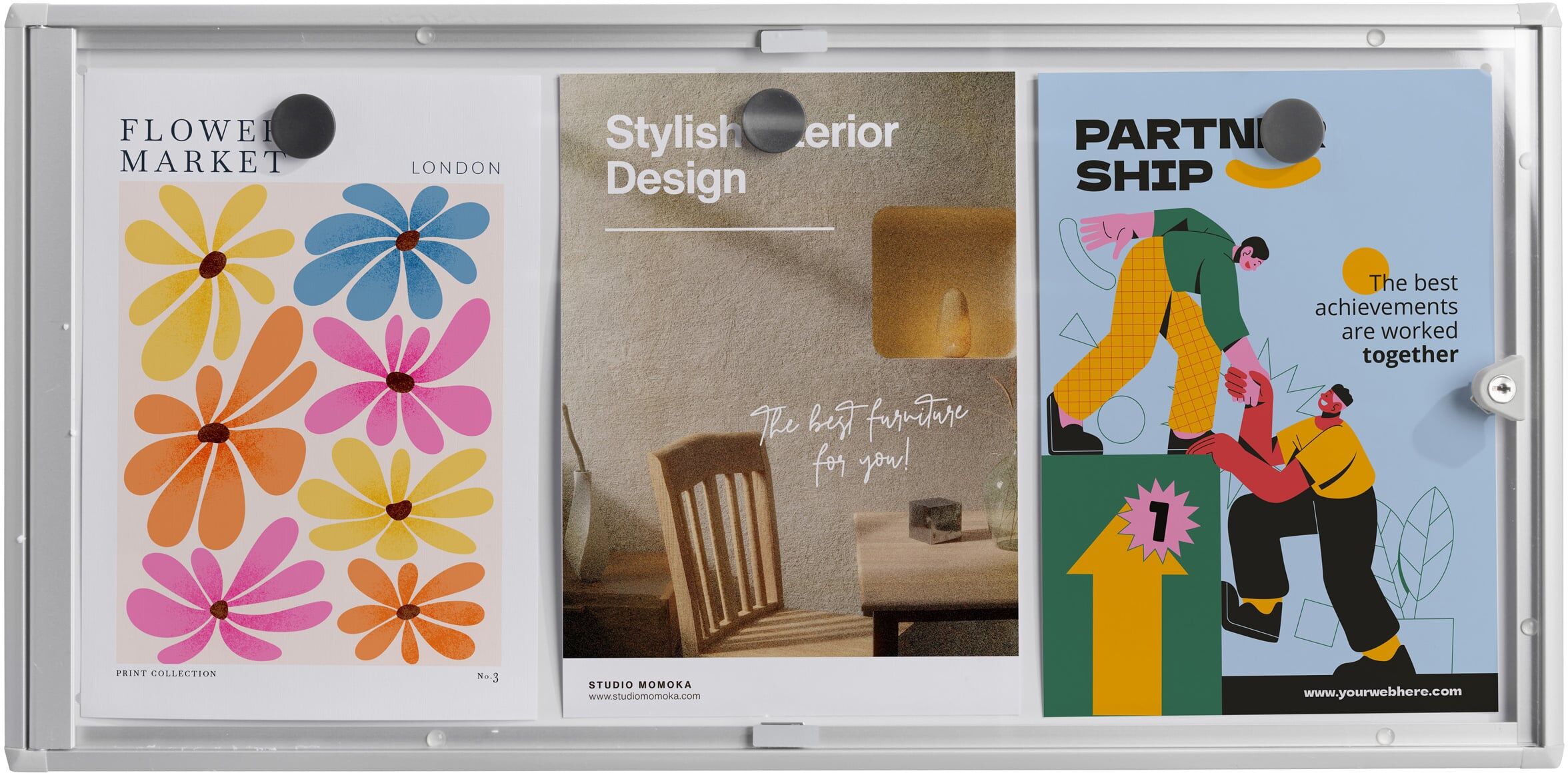 SPRINTIS Vitrine d’affichage, intérieur, verrouillable, argentée 3x A4, SAN, aluminium