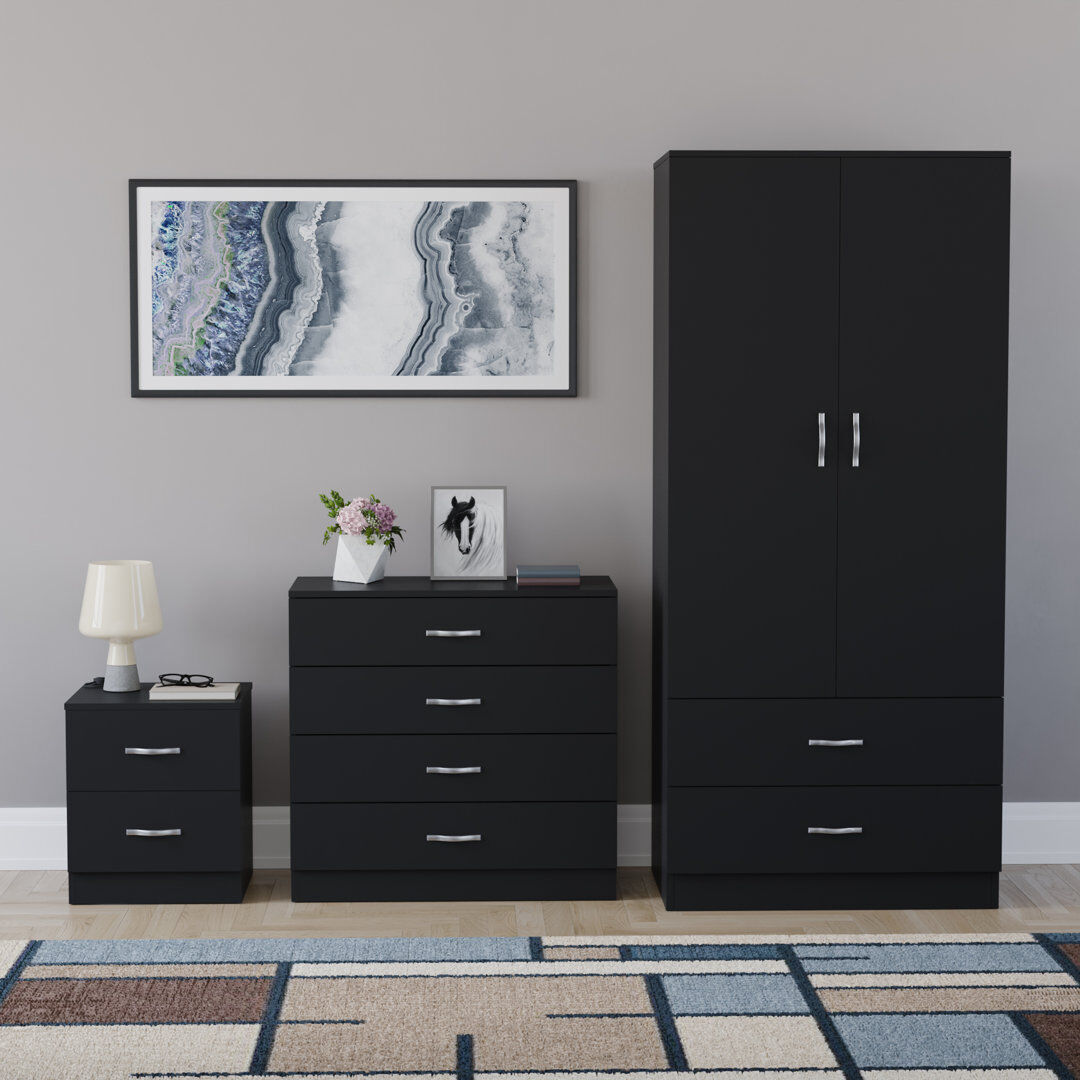17 Stories Maybery 3 Piece Bedroom Set (2 Drawer Bedside Chest, 4 Drawer Chest, 2 Door 2 Drawer Wardrobe), (4) Black