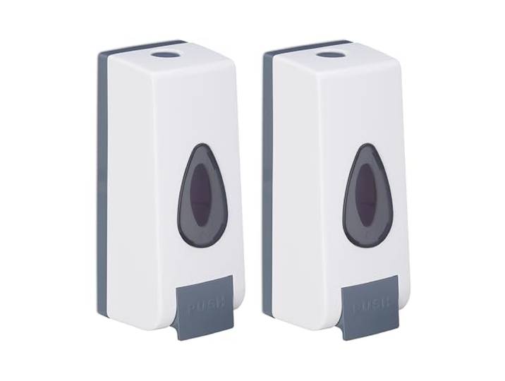 Relaxdays Distributeur de Savon Mural\, Lot de 2\, Porte-Savon Liquide avec Pompe\, HLP : env. 19x8x8 cm\, Blanc/Gris