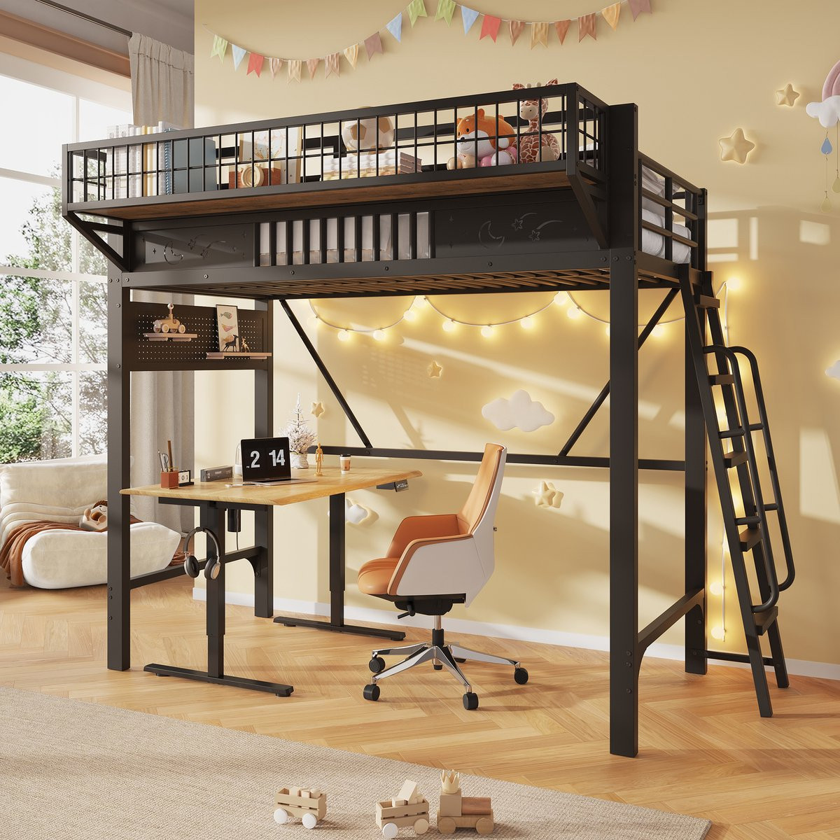 Zwart metalen kinderhoogbed met opbergkast en open onderste verdieping, B/D: 90 x 200 cm