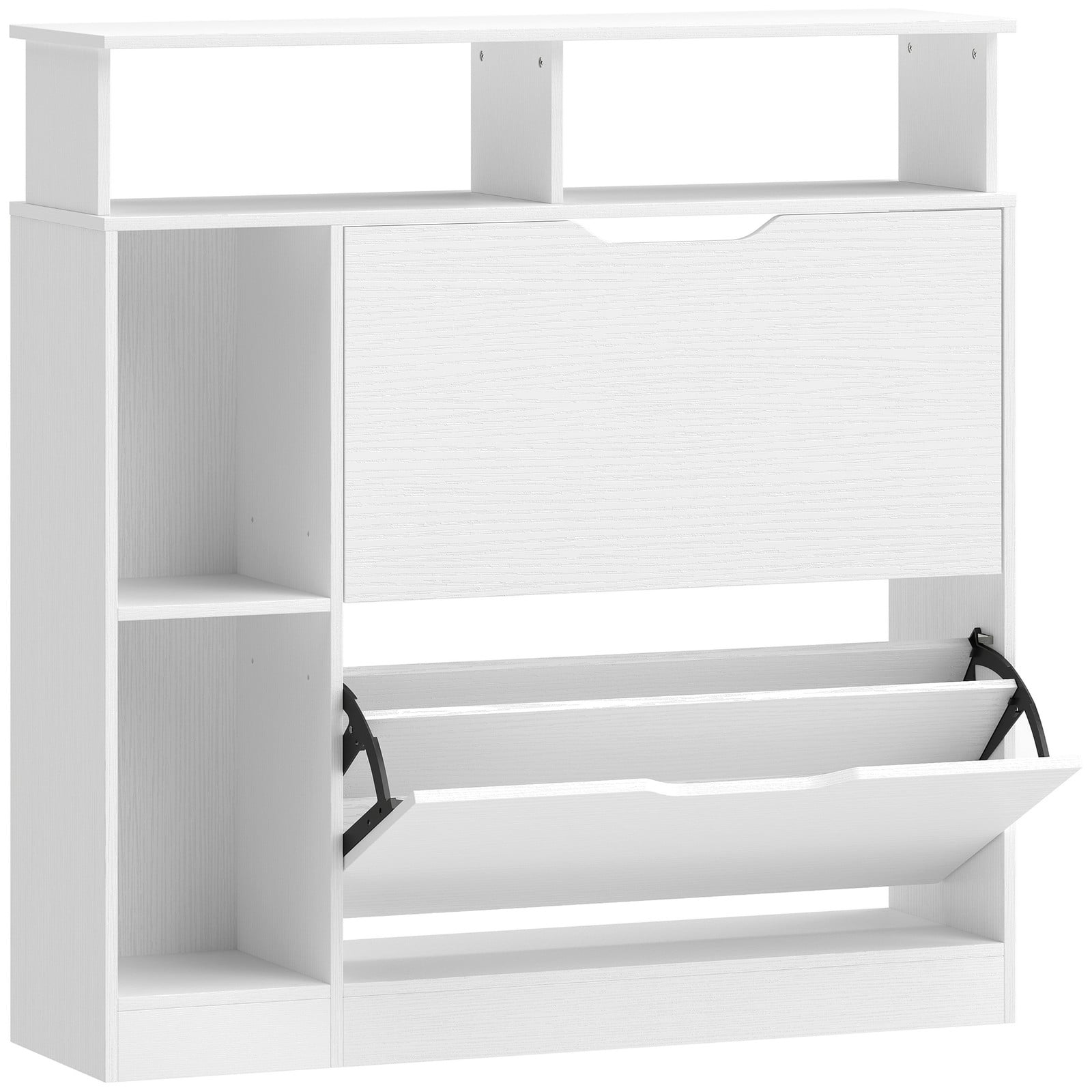 HOMCOM Schoenenkast met 2 Klappen en Open Rekken voor 12 Paar Schoenen, Wit, B/D/H: 89 x 25 x 92 cm