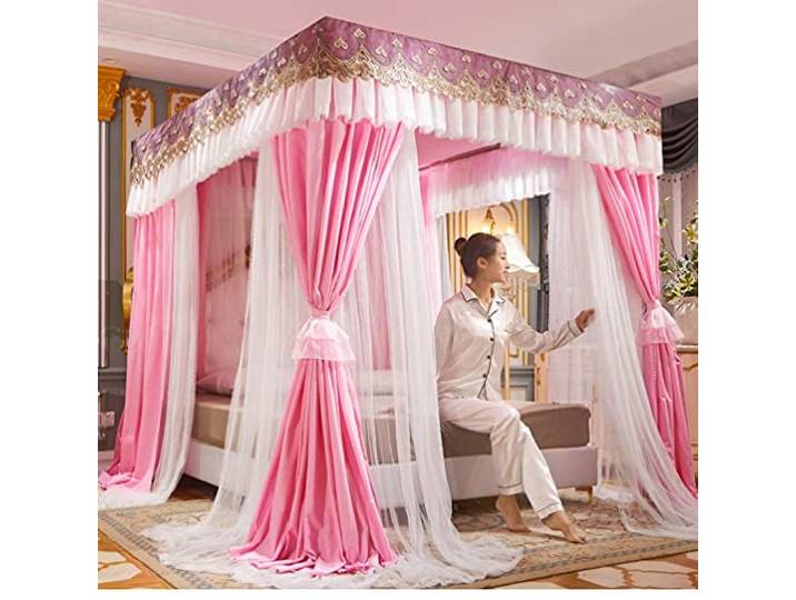 Betthimmel Betthimmel Mit 4 Eckpfosten Für Twin Queen King, Mit Spitze Bestickter Luxus-Bettvorhang, Moskitonetz Mit Ständer (Color : Pink-1, Size : 180X220cm/71X87inch)