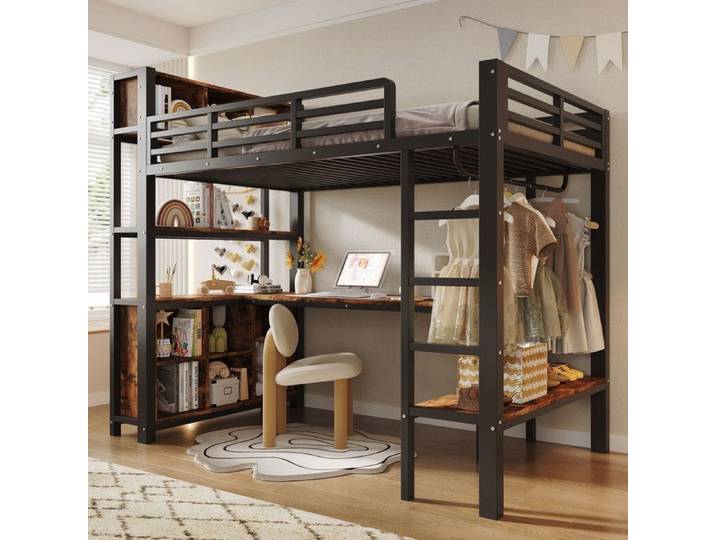 Lit mezzanine lit enfant lit simple 90x200 cm bureau porte-vêtements étagères compartiments de rangement sans matelas noir