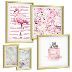 BILDER SET 5er Set - 50x50 cm & 20x30 cm & 40x60 cm Goldrahmen - Rosa Blumen Marmor Pastell