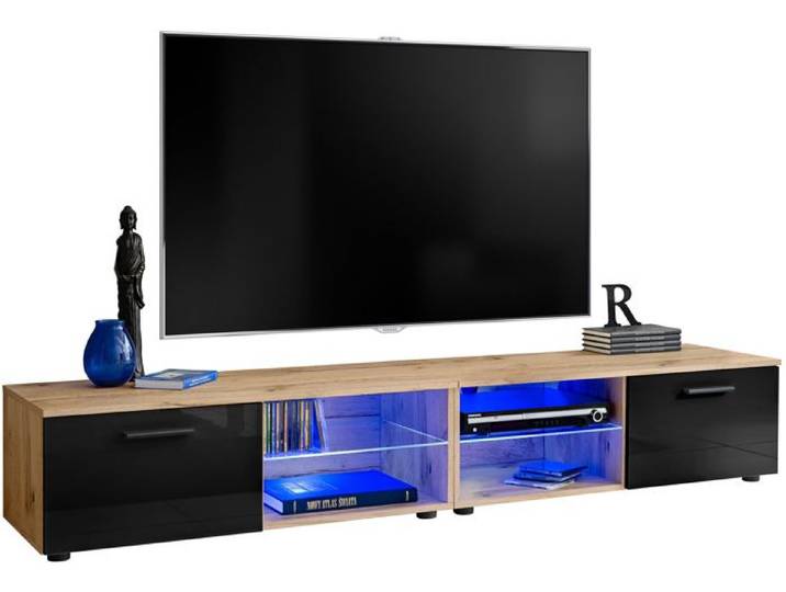 Meuble TV T32-200 Extreme Furniture - LED bleues - Noir Brillant & Bois naturel - L(2x100)cmxH34cmxP45cm