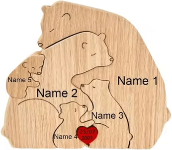 Inspire Curations Personalized Bear Family Puzzle Ornament Custom Name Wooden Keepsake Decor 5 Bears customized