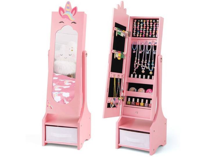 DREAMADE Armoire à Bijoux Enfant avec Miroir de Pleine Longueur Tiroir 2 Angles d'Inclinaison Crochets et Étagères Licorne Rose
