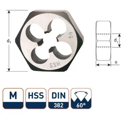 Rotec, Gewindeschneider + Gewindebohrer, 370.1200 HSS-Sechskant-Schneiden DIN 382 Metrisch M12x1,75