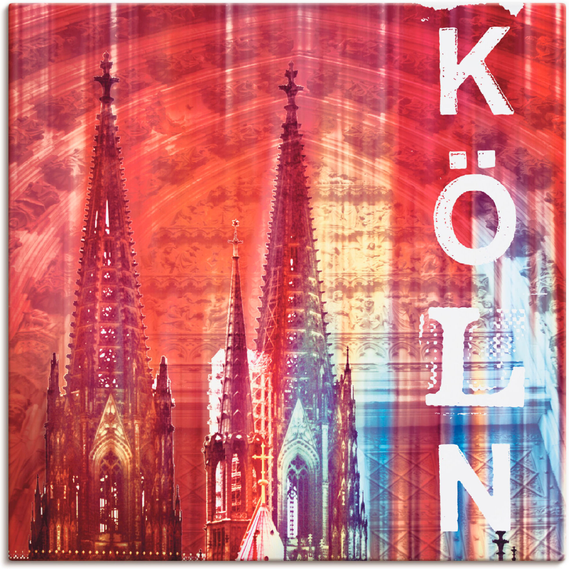 Leinwandbild ARTLAND "Köln Skyline Collage II", rot (farbe bild(er): rot), B:40cm H:40cm, Bilder, Leinwandbild, auf Holzrahmen gespannt farbe bild(er): rot B/H/T: 40cm x 40cm, Leinwandbild Gebäude, 1 Stk.