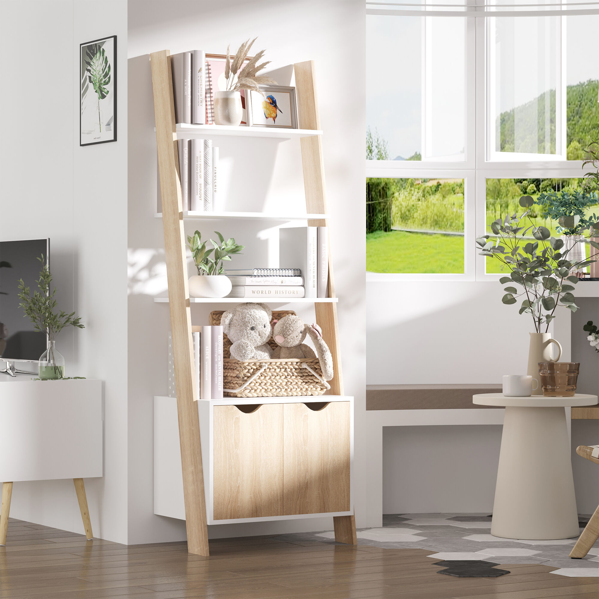 Altro Libreria A Scala Con 3 Mensole E Armadietto, Libreria A Scala Stile Nordico In Legno, 60x40x171cm, Rovere E Bianco