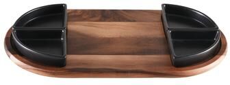 Kalmar Home Charcuterie/ Serving Tray w/ 4 black triangular ceramic bowls ]