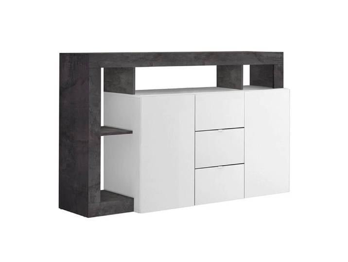 ARTURO - Buffet 2 Portes 3 Tiroirs Blanc Laqué Encadrement Niches Aspect Gris Oxyde