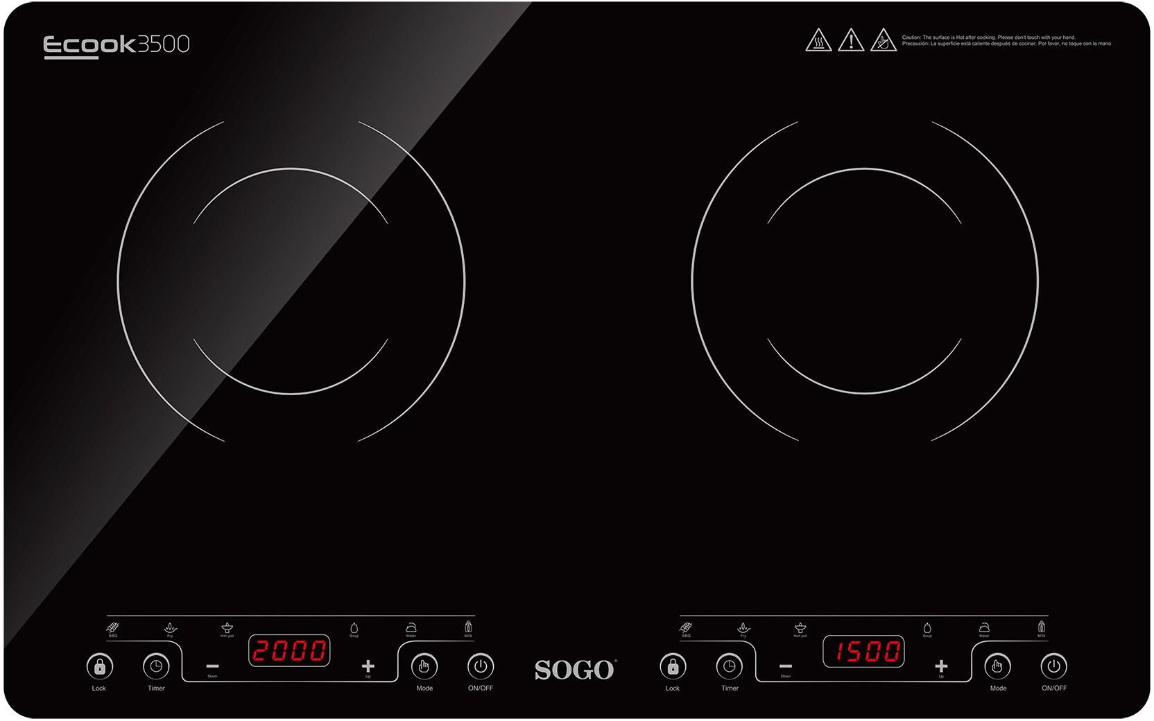 Sogo Placa de inducción digital ECOOK 3500 con panel táctil y superficie de vidrio pulido. Negro