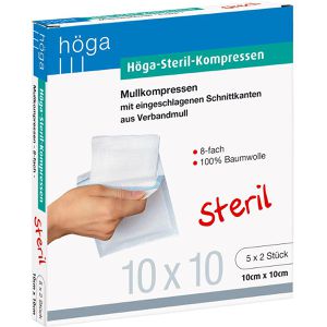 Höga Mullkompressen 04401871, aus Baumwolle, steril, 8-lagig, mit Falzkanten, 10 x 10 cm, 10 Stück