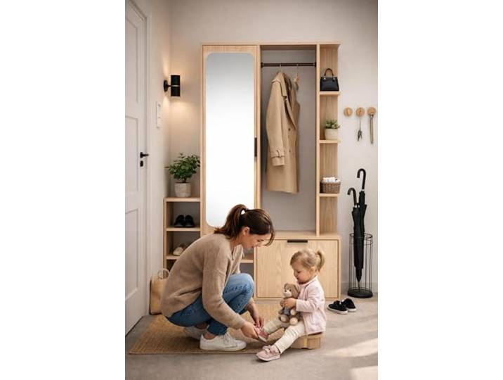 AXLIVING Garderobe Nemrut Holzoptik mit Spiegel – Flurmöbel mit Stauraum HDF-Rückwand. Kleiderstange. 3 offene Regale – schneller Zugriff auf Alltagsgegenstände. Kompakte All-in-One Lösung.
