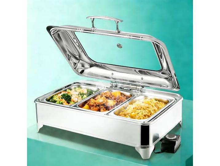 Aocay Chafing Dish Elektrisch 9L, Edelstahl(1/3 Pan) Speisewärmer Buffetwärmer Elektrisch Einstellbarer Temperatur, Warmhaltebehälter Buffet mit Glasdeckel für Hotels, Catering