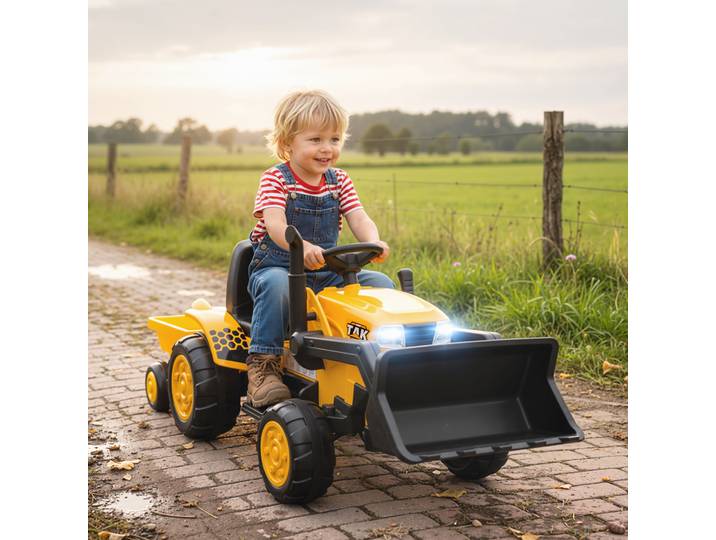 AIYAPLAY Pelleteuse Électrique Enfants 12V avec Remorque Jaune