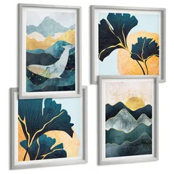 BILDER SET 4er Set - 50x50 cm & 40x60 cm Silberner Rahmen - Abstrakte ästhetische Berge