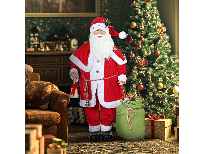 HOMCOM Figurine de Père Noël, Debout de Père Noël Rouge Traditionnelle 140 cm avec Sac de Cadeaux, Effets Sonores et Cloche