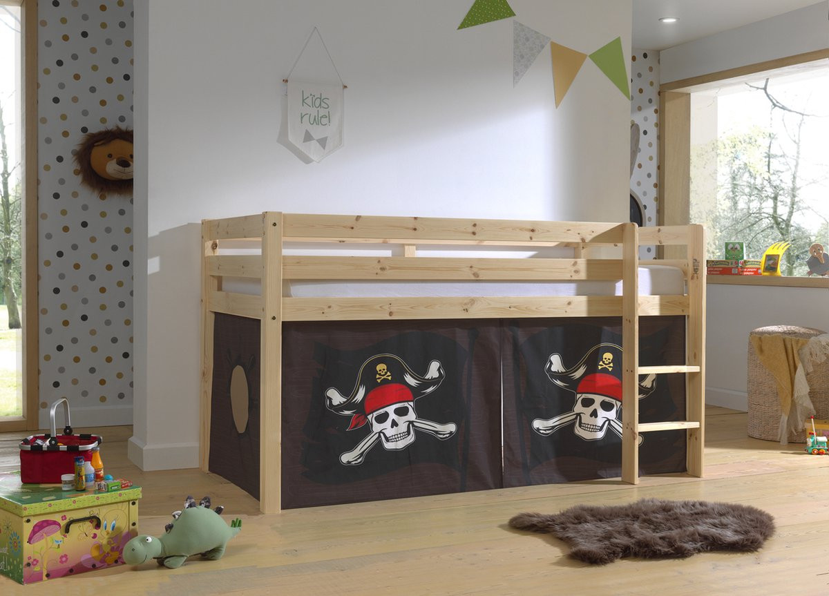 LUCEVI Pino Halfhoogslaper met Ladder en Caribian Pirates Gordijntjes, Bruin, 90x200 cm
