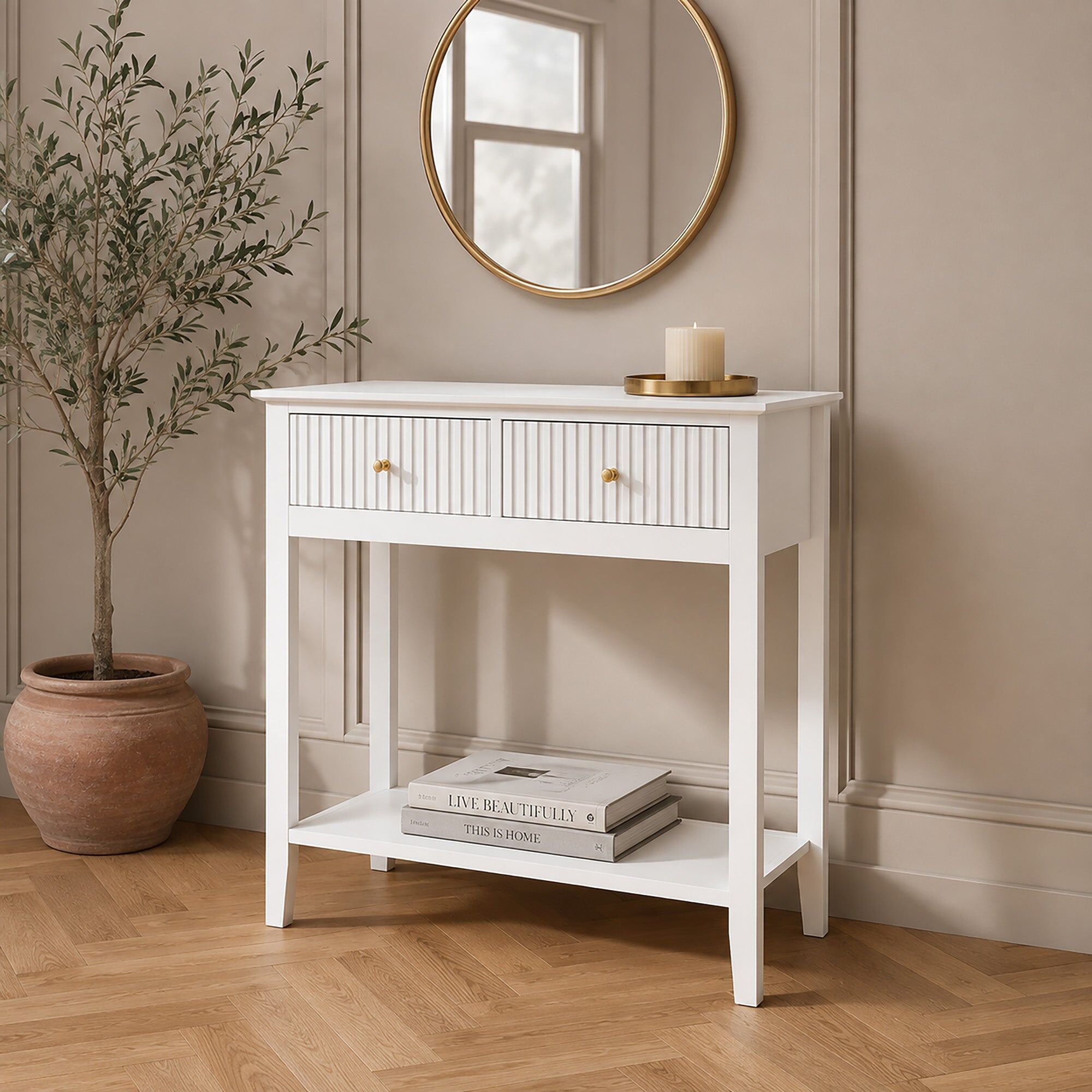 White 2 Drawer Console / Dressing Table - Hales White Range Coated MDF, Metal