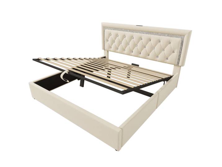Oxeza Polsterbett 140/200 cm Beige mit rautenförmigem LED-Lichtstreifen sowie Usb- und Typ-C-Ladeanschlüssen, Mode, Rechteckig, 140x200 cm, Schlafzimmer, Betten, Polsterbetten