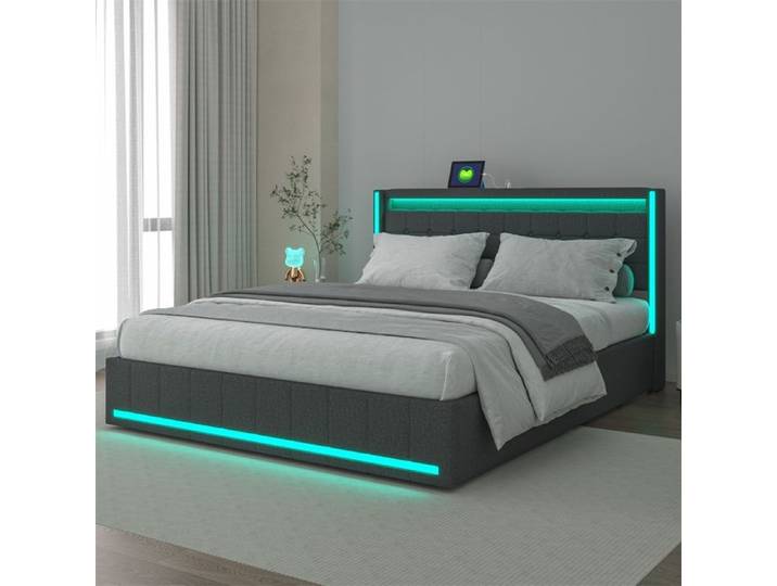 Lit double 180x200 cm – Lit rembourré 180x200 avec Éclairage LED –Rangement Intégré & Connectivité – Sans matelas – Gris
