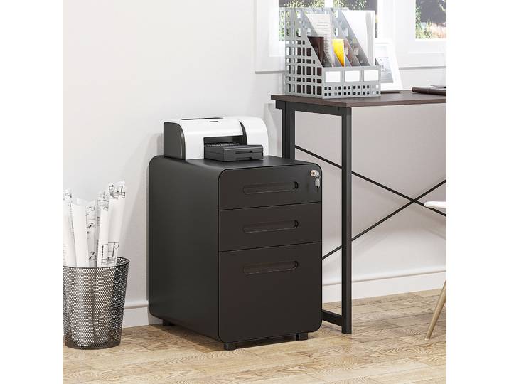 Vinsetto Chariot Bureau 3 Tiroirs Verrouillable Acier Noir