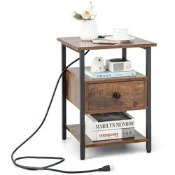 COSTWAY 2er Set Nachttisch mit Ladestation, Schublade & offenen Ablagen, 40x40x55 cm