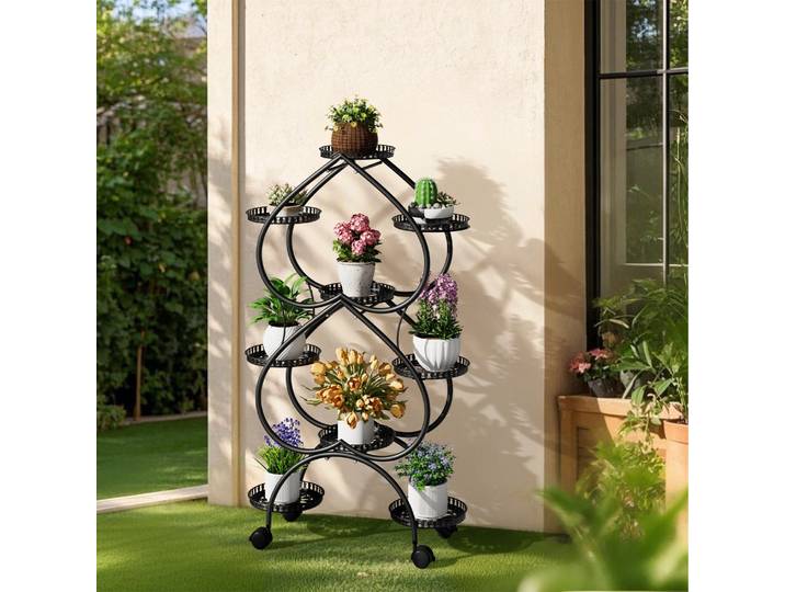 Support européen pour plantes Double cœur à 6 niveaux, pour intérieur/extérieur, présentoir Mobile en fer noir pour plantes, salon, balcon, jardin