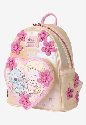 Women's Loungefly Disney Stitch & Angel Mini Backpack Heart Floral Love by Loungefly in Beige (Size ONE SIZE)