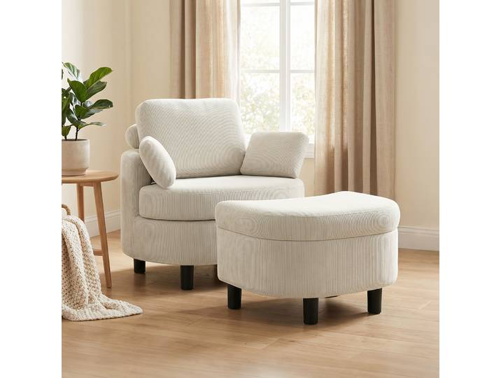 HOMCOM Fauteuil Velours Blanc Crème avec Pouf Rangement et Appuie-tête