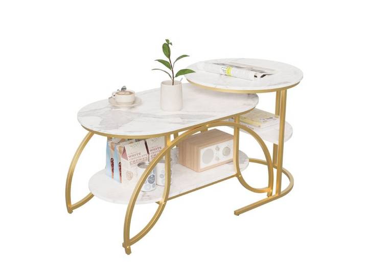 Table Basse - Marbre Blanc - Double Étage - Pieds Dorés - 80x46cm ou Ø52cm