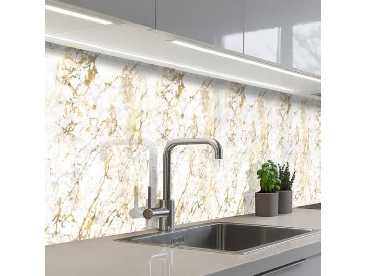 KitchenYeah© Spritzschutz Küchenrückwand Küche Abwaschbar Selbstklebend 60x400 cm - Küchenwand Küchenfront Küchen Rückenwand Wandschutz Goldspritzer - Weiß - Marmor