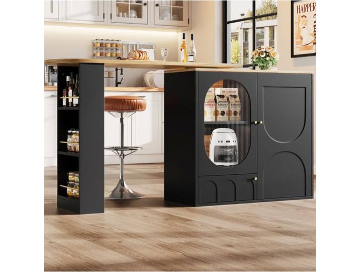 VUENOR Îlot de cuisine rotatif 360° noir et décor bois 138x39x105 cm avec rangement