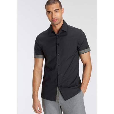 Kurzarmhemd BRUNO BANANI "mit kurzen Ärmel", Herren, Gr. 43/44, N-Gr, schwarz, Popeline, Obermaterial: 97% Baumwolle, 3% Elasthan, Basic, tailliert, Aufschlag, Hemden
