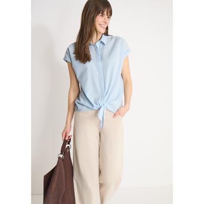 Kurzarmbluse CECIL, Damen, Gr. L (42), blau (cloud blau), Web, 75% Baumwolle, 25% Modal, unifarben, klassisch normal, V-Ausschnitt, Bündchen, Blusen, mit Knoten am Saum