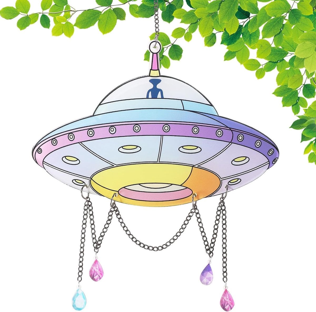 UFO Decoratie - Kleurvolle Hangdecoratie met Ketting & Kralen - UFO Ornament voor Thuis en Tuin