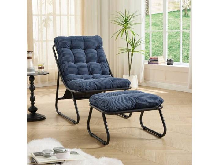 Fauteuil Inclinable Bleu Marine 65x78x86cm structure Noire Avec Repose-pieds Et Coussin Confortable Jardin Salon Coin Lecture