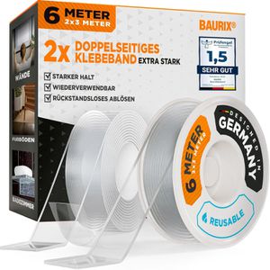 BAURIX Doppelseitiges-Klebeband Nano-Tape, extra stark, transparent, PP, 30mm x 3m, 2 Stück