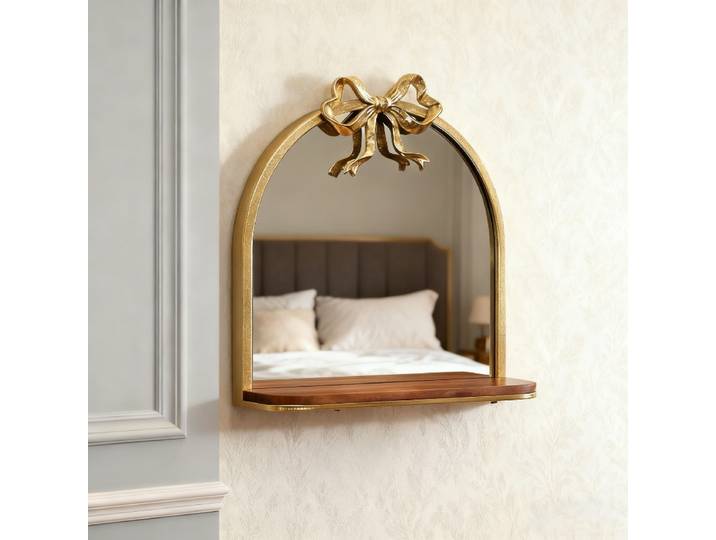 Miroir mural arqué vintage doré, miroir mural antique avec étagère de rangement, décor à nœud orné baroque pour salon, salle de bain