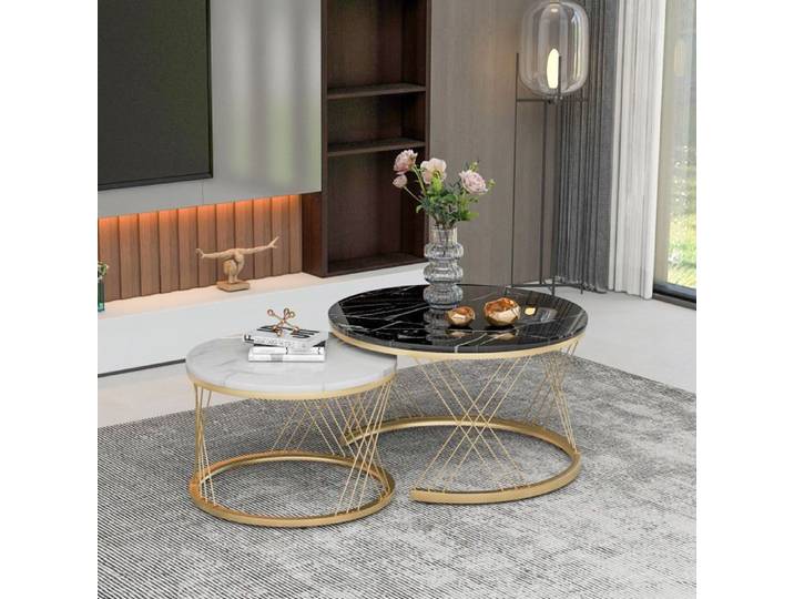 VUENOR Table basse gigogne ronde lot de 2 70x70x45 cm décor marbre noir/blanc et métal doré