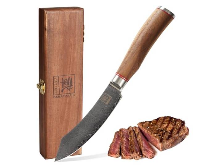 zayiko Kurumi Steakmesser mit 12 cm Damastklinge für Steak, Fleisch und BBQ 67 Lagen Damaststahl mit VG10 Kern, beidseitiger 15° V-Schliff, Nussbaumholzgriff, für Rechts- und Linkshänder, inkl. Holzbox