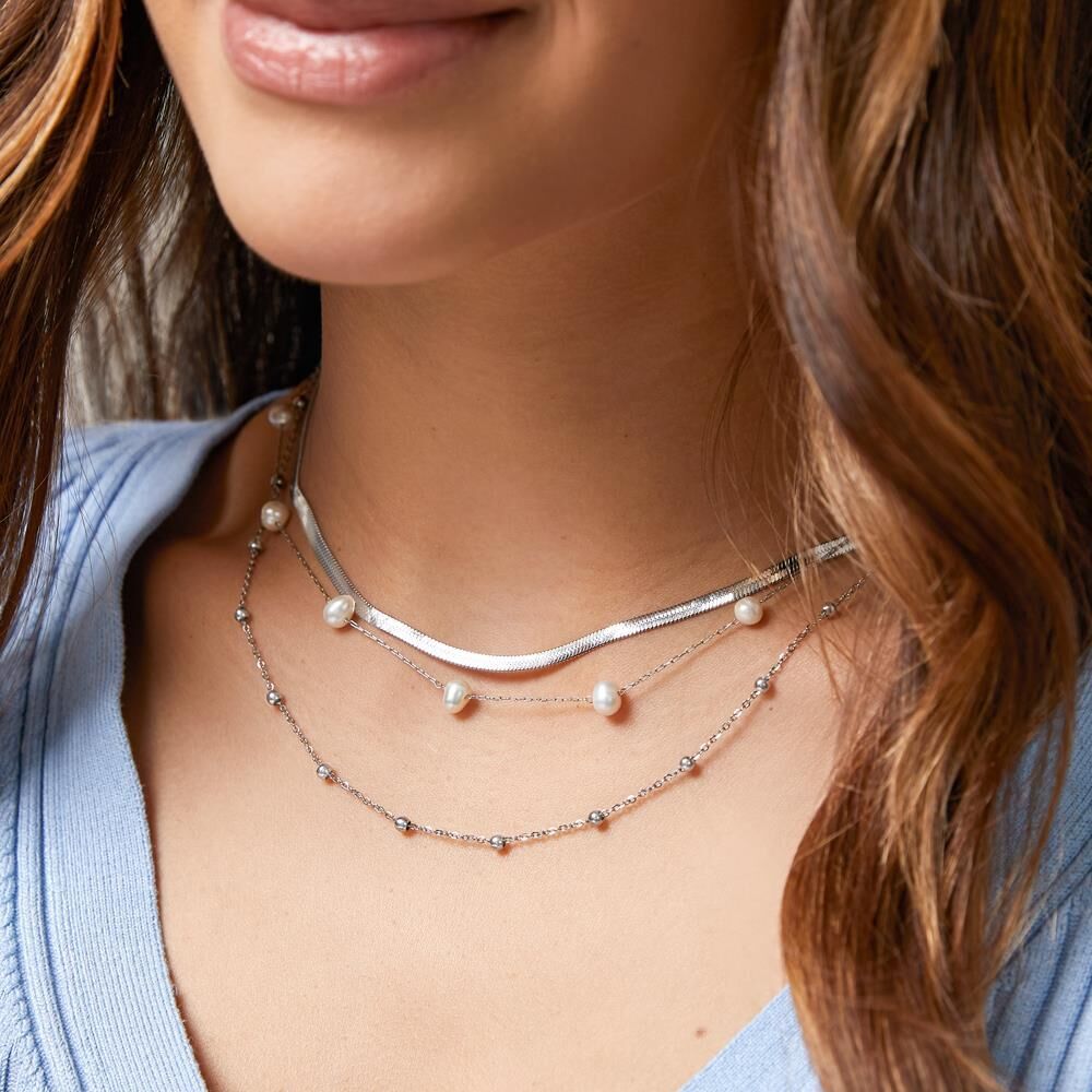 Unique Zweireihige Perlenkette für Damen aus Edelstahl silber