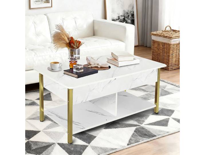 YIPEEMA. Table basse multifonctionnelle réglable en hauteur 90*48*62cm marbre à jambes dorées.
