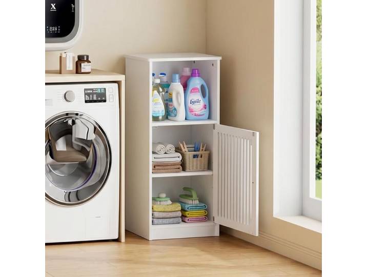 Meuble Bas Salle de Bain Blanc 36x30x86cm Porte à Lattes Rangement Multi-niveaux sur Pieds