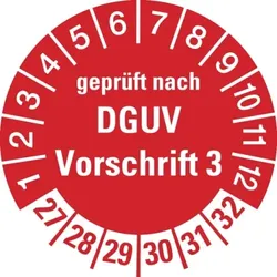 König Werbeanlagen Prüfplakette ab 27, geprüft nach DGUV Vorschrift 3, rot/weiß, Ø 30 mm - Bogen = 10 Plaketten - 30 mm Folie selbstklebend